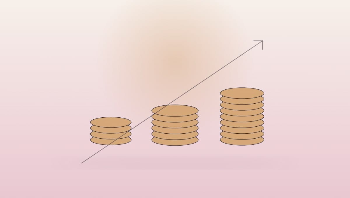 Stoupající sloupce mincí — hodnota, kterou přinášíš, roste spolu s tvou cenou