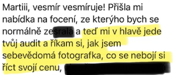 Zpráva klientky: přišla mi nabídka na focení, cítím se jako sebevědomá fotografka, co se nebojí říct svoji cenu