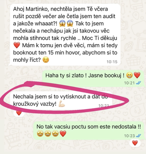 Zpráva klientky: nechtěla jsem tě rušit, brutální life a nezaplacení, vytiskla jsem si to a dala do kroužkové vazby